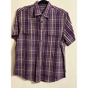 PERRY ELLIS Men's Shirt Large Violet white Plaid Short Sleeve Linen Cotton